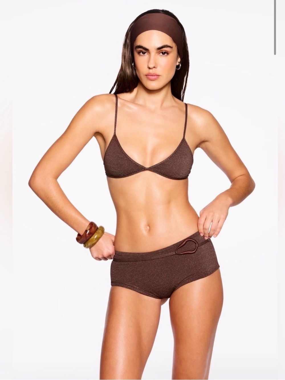 Textured Brown Triangle Bikini Top with Boyshorts Swim Set
